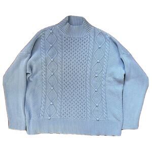 J Crew Sweater Mens XL 100% Cotton Cable Knit Blue Mock Neck Pullover Sweater